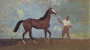 Sir Alfred Munnings,P.R.A The Racehorse 'Amberguity'  Held by Tom Slocombe USA oil painting artist